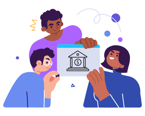 Illustration of three people with two people holding a sign with a bank on it
