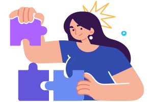 Illustration of woman putting puzzle pieces together
