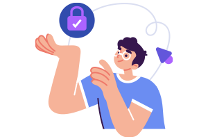 Illustration of man presenting a image of a lock with a check in the middle of it
