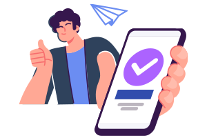 Illustration on man holding thumbs up sign with phone in hand