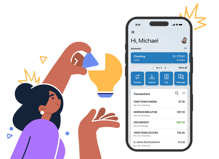 Illustration of girl with lightbulb and phone with Sonata app displayed
