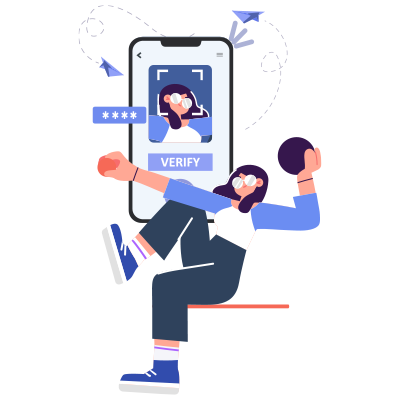  Illustration of a girl sitting in front of a phone with a picture of herself with a verify button below