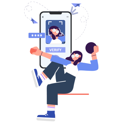 Illustration of a girl sitting in front of a phone with a picture of herself with a verify button below